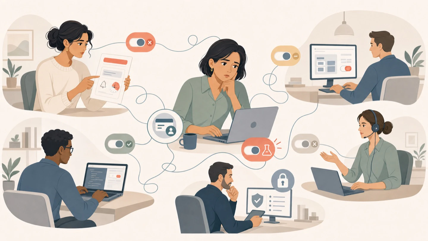 Sales, product, engineering, support, and security tools show contradictory states for one feature.