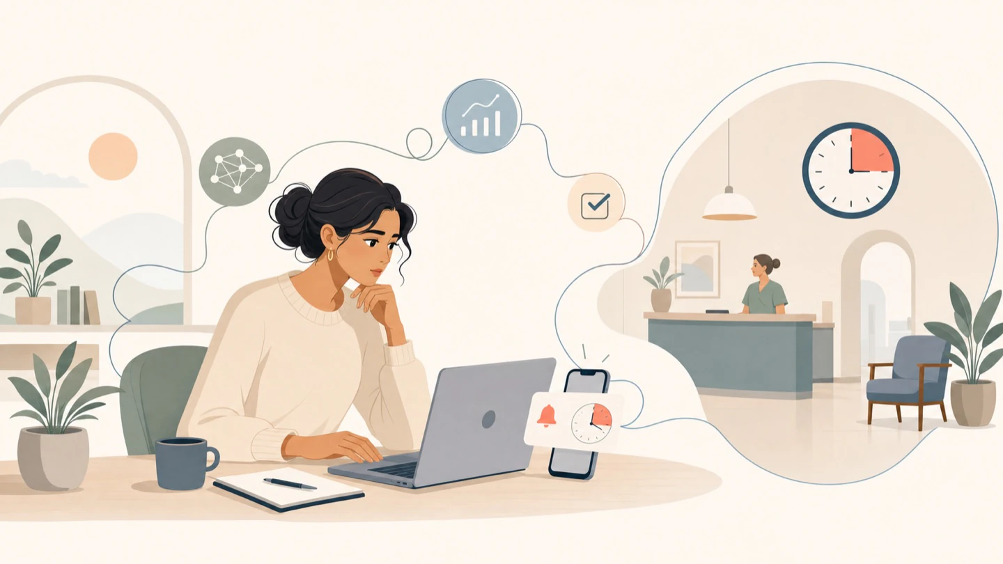 Maya discovers a wrong-time clinic reminder while connected work scenes flow around her.
